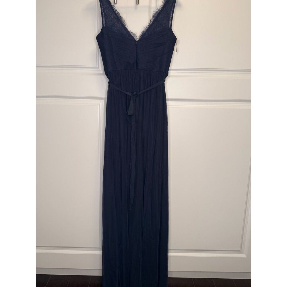 Hitherto Navy Blue Lace Trim Tulle Maxi Dress Size 4 Bridesmaid Formal Gown